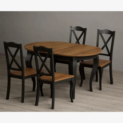 Oak&More Extending Chateau Noir 140cm Oak and Black Painted Oval Dining Table with 8 Blue Chateau Noir Chairs