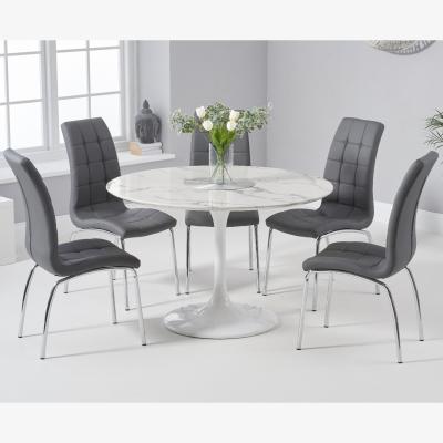 Oak&More Brighton 120cm Round White Marble Dining Table With 4 Ivory White Calgary Dining Chairs