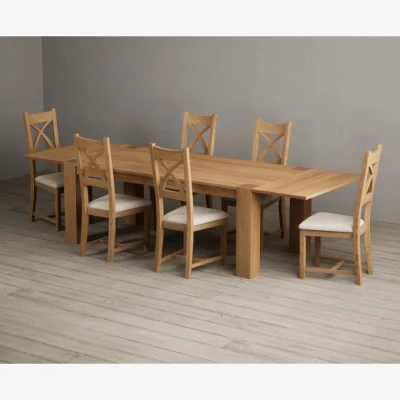 Oak&More Sheringham 200cm Solid Oak Dining Table with Sheringham Oak Extensions (Pair) with 10 Linen Natural Solid Oak Chairs