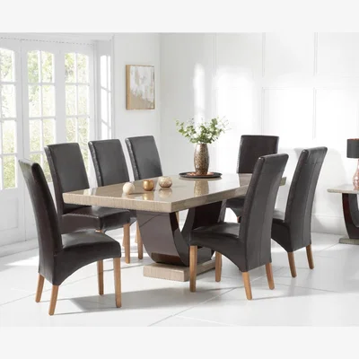 Oak&More Raphael 200cm Brown Pedestal Marble Dining Table With 10 Brown Cannes Chairs