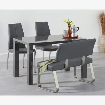 Oak&More Seattle 120cm Dark Grey High Gloss Dining Table with 2 Grey Marco Chairs with 2 Grey Benches