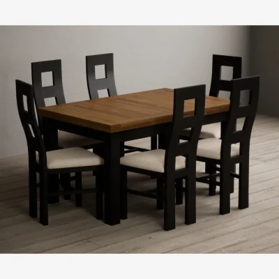 Oak&More Extending Buxton 140cm Oak and Black Painted Dining Table with 8 Charcoal Grey Painted Chairs