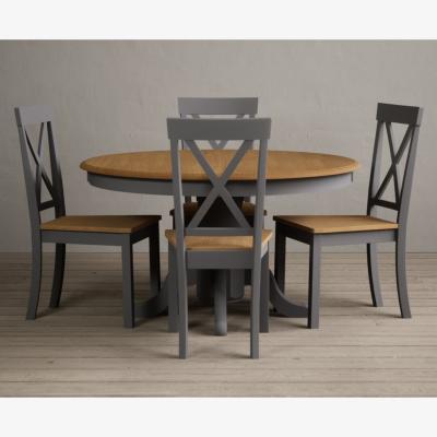 Oak&More Hertford 120cm Oak and Mid Grey Painted Round Pedestal Table with 4 Brown Hertford Chairs