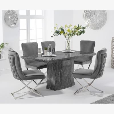 Oak&More Carvelle 160cm Grey Marble Table With 6 Grey Lorenzo Velvet Chairs