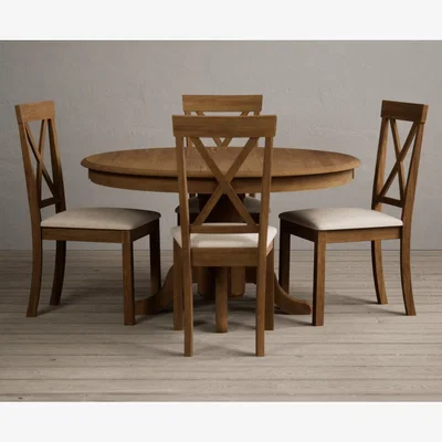 Oak&More Hertford 120cm Rustic Oak Round Pedestal Table With 4 Blue Hertford Chairs
