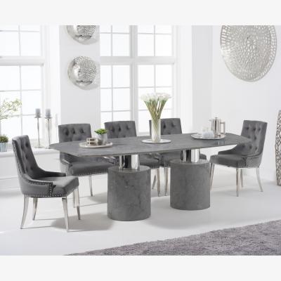 Oak&More Antonio 220cm Grey Marble Table With 8 Grey Sienna Velvet Chairs