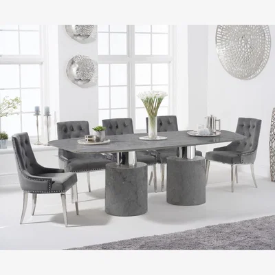 Oak&More Antonio 220cm Grey Marble Table With 8 Grey Sienna Velvet Chairs