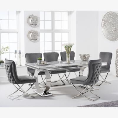 Oak&More Hepburn 200cm Marble Dining Table with Giovanni Velvet Chairs - Grey, 6 Chairs