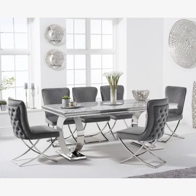 Oak&More Hepburn 200cm Marble Dining Table with Giovanni Velvet Chairs - Grey, 6 Chairs