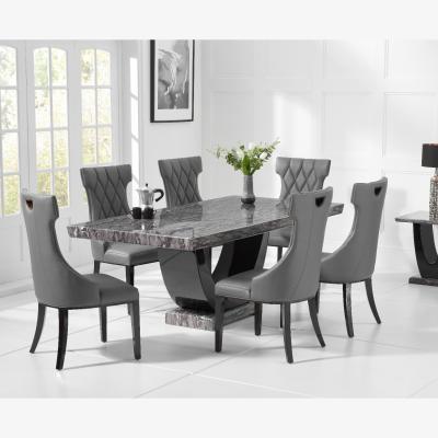 Oak&More Raphael 170cm Dark Grey Pedestal Marble Dining Table With 4 Grey Sophia Chairs