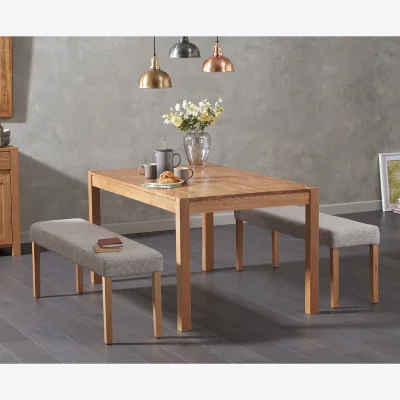 Oak&More York 150cm Solid Oak Dining Table with 2 Grey Benches