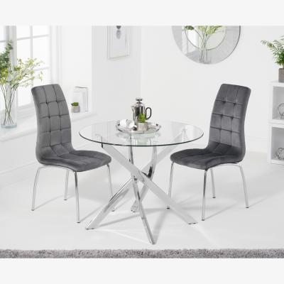 Oak&More Denver 95cm Glass Dining Table With 4 Grey Calgary Velvet Chairs