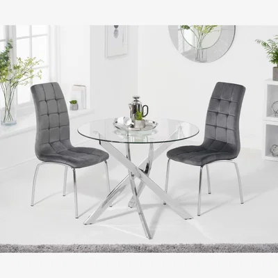 Oak&More Denver 95cm Glass Dining Table With 4 Grey Calgary Velvet Chairs
