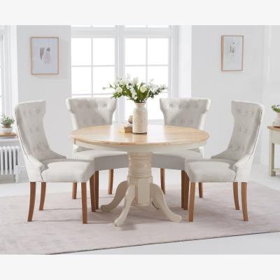Oak&More Epsom 120cm Cream Painted Round Pedestal Table With 6 Cream Clara Fabric Chairs