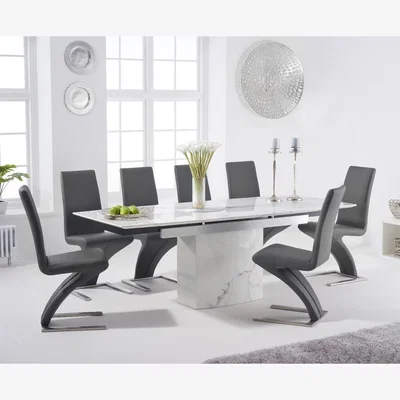 Oak&More Metropolis 160cm Extending White Marble Dining Table With 6 Grey Hampstead Faux Leather Chairs