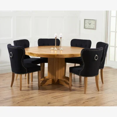 Oak&More Torino 150cm Solid Oak Round Pedestal Dining Table With 8 Black Knightsbridge Fabric Chairs