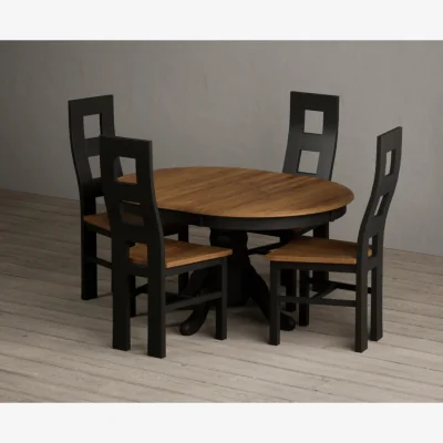 Oak&More Extending Hertford 100cm - 130cm Oak and Black Painted Pedestal Dining Table with 6 Linen Painted Chairs