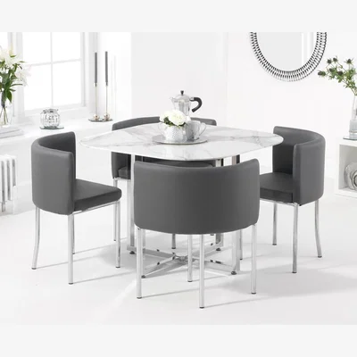 Oak&More Ex-display Algarve White Marble Stowaway Dining Table With Grey High Back Stools