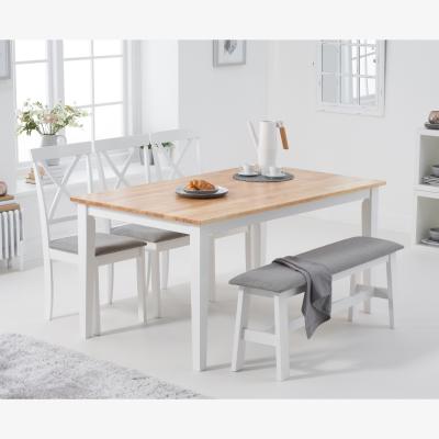 Oak&More Chiltern 150cm Oak and White Table with Epsom Chairs with Grey Fabric Seats and Bench - Oak and White, 4 Chairs