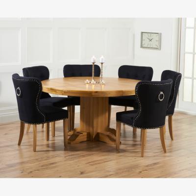 Oak&More Torino 150cm Solid Oak Round Pedestal Dining Table With 6 Black Knightsbridge Fabric Chairs