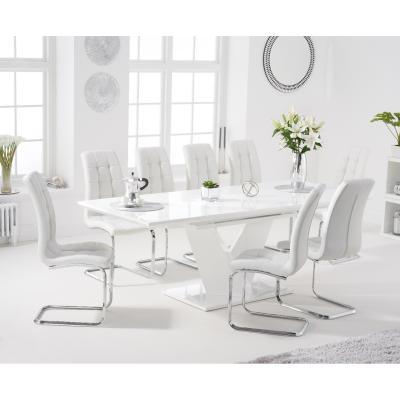 Oak&More Halo 160cm White High Gloss Extending Dining Table with Lorin Faux Leather Chairs - White, 4 Chairs