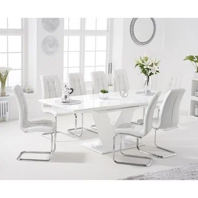 Oak&More Halo 160cm White High Gloss Extending Dining Table with Lorin Faux Leather Chairs - White, 4 Chairs