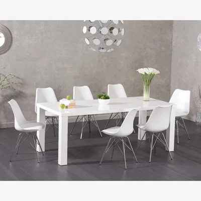 Oak&More Atlanta 200cm White High Gloss Dining Table With 8 Light Grey Celine Chrome Leg Chairs