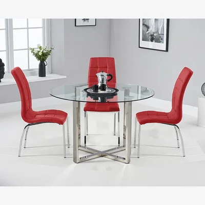 Oak&More Vaso 120cm Round Glass Dining Table with 4 White Enzo Chairs