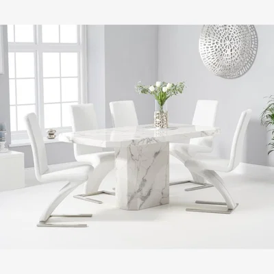 Oak&More Belle 160cm White Marble Dining Table With 8 Ivory White Hampstead Dining Chairs
