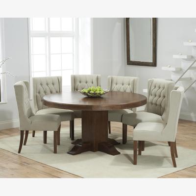 Oak&More Helmsley 150cm Dark Oak Round Pedestal Dining Table with 4 Natural Darcy Chairs