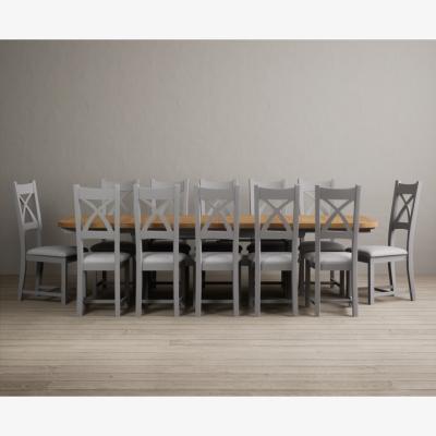 Oak&More Atlas 180cm Oak and Light Grey Painted Extending Dining Table With 8 Charcoal Grey X Back Chairs