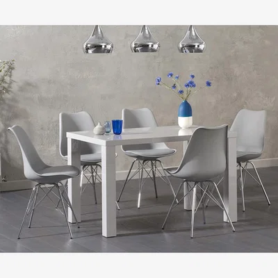 Oak&More Atlanta 120cm Light Grey High Gloss Dining Table With 4 Light Grey Celine Chrome Leg Chairs