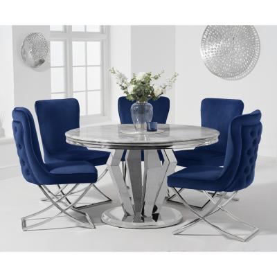 Oak&More Viscount 130cm Round Marble Dining Table with Giovanni Velvet Chairs - Grey, 4 Chairs