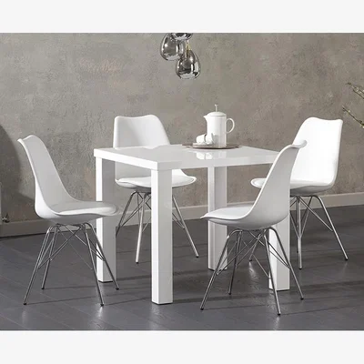 Oak&More Atlanta 80cm White High Gloss Dining Table With 2 Light Grey Celine Chrome Leg Chairs