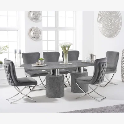 Oak&More Antonio 180cm Grey Marble Table With 6 Grey Lorenzo Velvet Chairs