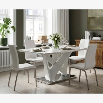 Oak&More Marcella 150cm Marble Effect High Gloss Light Grey Dining Table with 4 White Marco Chairs
