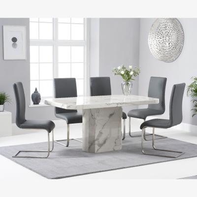 Oak&More Belle 160cm White Marble Dining Table With 4 White Malaga Dining Chairs