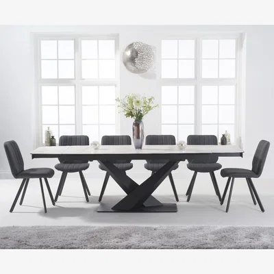 Oak&More Jacob 180cm White Extending Ceramic Dining Table With 12 Grey Dexter Faux Leather Chairs