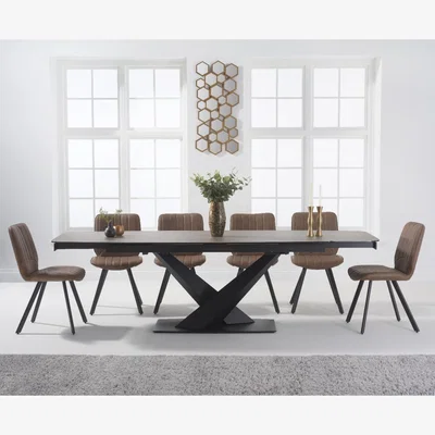 Oak&More Jacob 180cm Mink Extending Ceramic Dining Table With 8 Grey Dexter Faux Leather Chairs