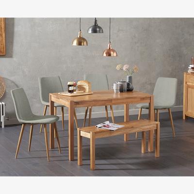 Oak&More York 150cm Solid Oak Dining Table With 4 Grey Astrid Fabric Chairs And 2 Benches
