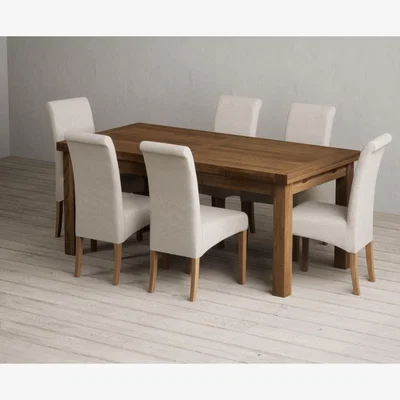 Oak&More Extending Buxton 180cm Rustic Solid Oak Dining Table with 8 Grey Scroll Back Chairs