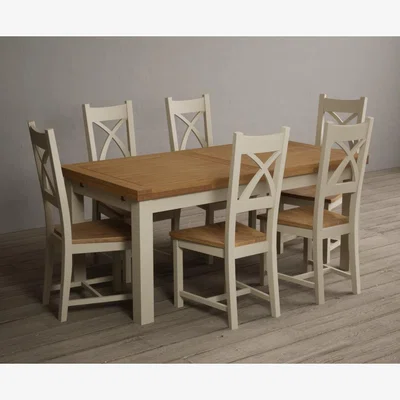 Oak&More Extending Hampshire 180cm Oak and Cream Painted Dining Table with 12 Brown X Back Chairs