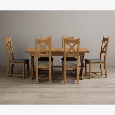 Oak&More Extending Buckley 160cm Solid Oak Dining Table with 6 Brown Natural Solid Oak Chairs