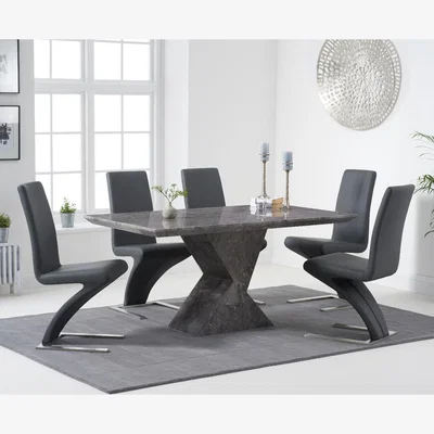 Oak&More Aaron 160cm Grey Marble Dining Table With 4 Black Hampstead Dining Chairs