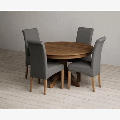 Oak&More Hertford 120cm Fixed Top Rustic Oak Dining Table with 4 Natural Scroll Back Chairs