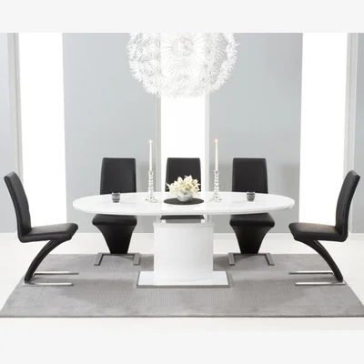 Oak&More Santana 160cm White High Gloss Extending Pedestal Dining Table With 6 Ivory White Hampstead Z Chairs
