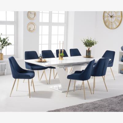 Oak&More Halo 160cm White High Gloss Extending Dining Table With 6 Grey Fern Velvet Chairs