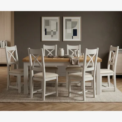 Oak&More Extending Buxton 180cm Oak and Soft White Painted Dining Table with 6 Linen Painted Chairs