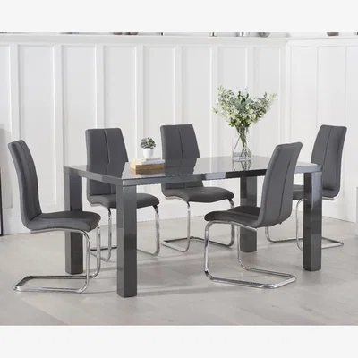 Oak&More Seattle 160cm Dark Grey High Gloss Dining Table with 4 Grey Gianni Chairs