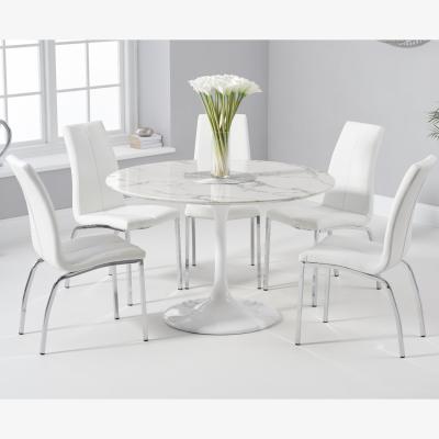 Oak&More Brighton 120cm Round White Marble Dining Table With 4 Black Cavello Dining Chairs